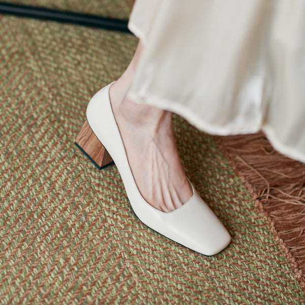 Zapatos de Tacón Alto con Punta Cuadrada en Cuero Grueso