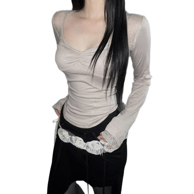 Blusa Elegante de Encaje Transparente con Cuello Cuadrado y Manga Larga - Image 5