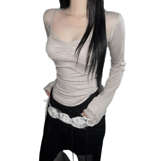 Blusa Elegante de Encaje Transparente con Cuello Cuadrado y Manga Larga - Image 5