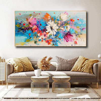 Cuadro Flores Primavera Óleo Grueso Pintura Artesanal Lienzo Grande Azules Modernos - Image 3