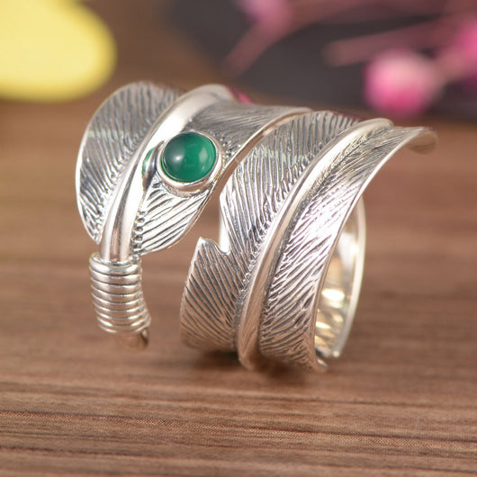 Anillo de Plata 925 con Ágata Verde Incrustada en Forma de Pluma - Image 2