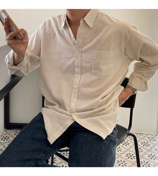 Camisa Casual Holgada de Manga Larga a Rayas para Hombre - Image 12