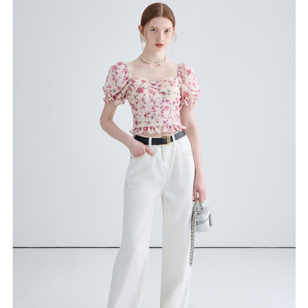 Camisa Floral Slim Fit de Manga Corta Estilo Francés