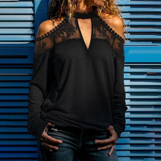 Blusa Suelta V-Neck con Drapeado de Encaje al Hombro