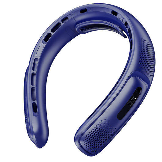 Dark blue U-shaped neck fan with air vents, small fan grilles, and a rose gold accent ring. - Image 14
