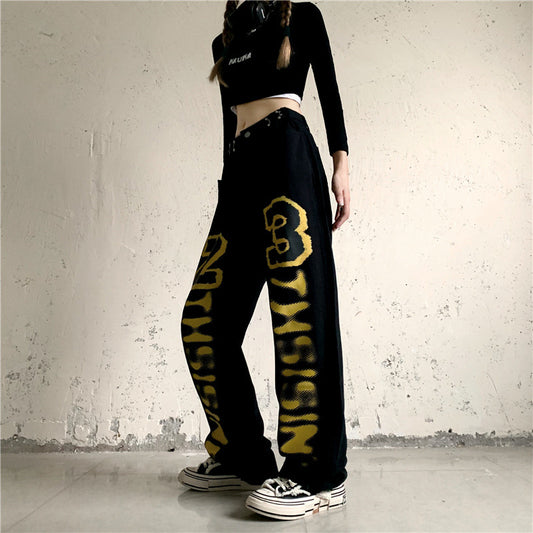 Jeans Rectos Cintura Alta con Estampado de Letras Estilo Harajuku para Mujer - Image 2