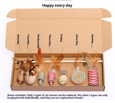 7-piece cat toy gift set with mouse, feather wands, and string-wrapped toys in a brown cardboard box. - Image 8