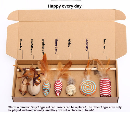 7-piece cat toy gift set with mouse, feather wands, and string-wrapped toys in a brown cardboard box. - Image 8