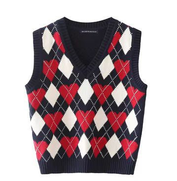 Chaleco Tejido Cuadros Diamante Estilo Preppy Retro Versátil - Image 23