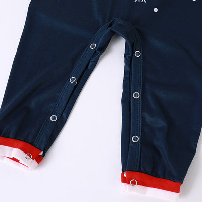 Navy blue long-sleeve pajama romper with red and white striped sleeves and a cartoon Santa Claus print. - Image 5
