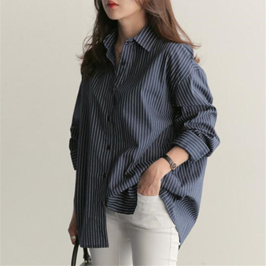 Camisa Universitaria Azul a Rayas Verticales Talla Grande Manga Larga Holgada y Versátil - Image 5