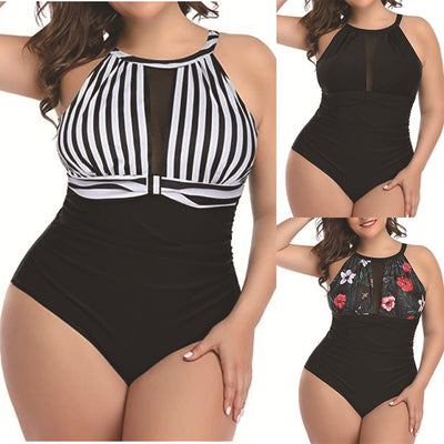 Plus size black one-piece swimsuit with a halter neck and mesh V-neck insert, featuring ruched sides. - Image 2