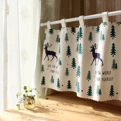 Christmas elk and pine tree short kitchen curtain with tab top and scalloped lace trim, featuring text. - Image 6