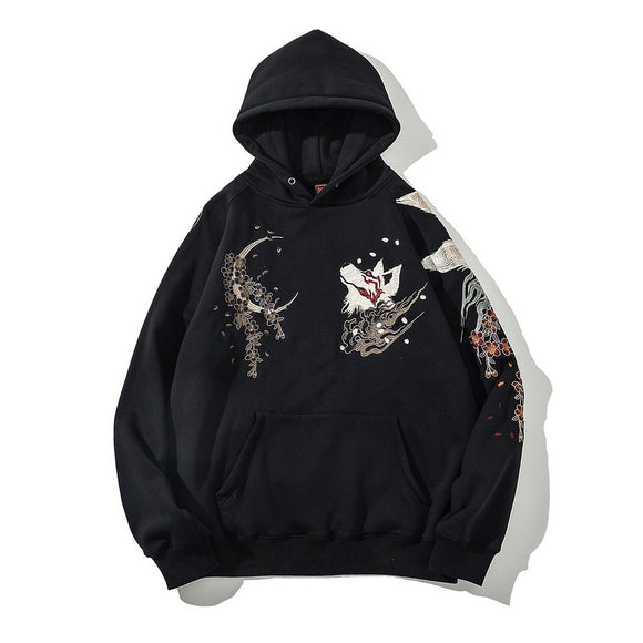 Sudadera con Capucha Bordada Zorro de Nueve Colas Estilo Japonés para Hombre