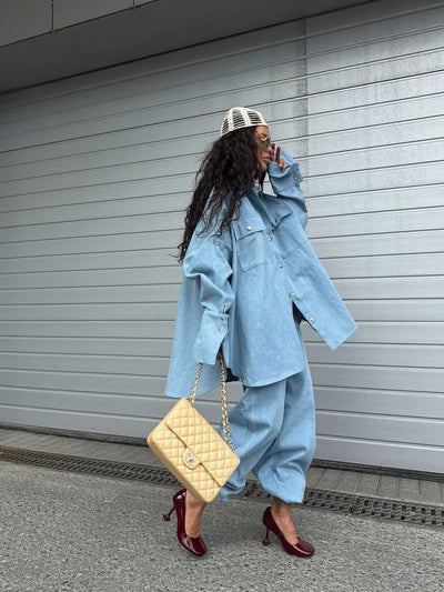 Conjunto Oversized de Camisa Denim Azul Claro y Pantalón Baggy