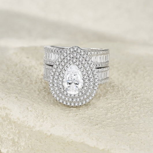 Anillo de Dos Capas con Moissanita en Forma de Pera - Conjunto Completo Incrustado - Image 10