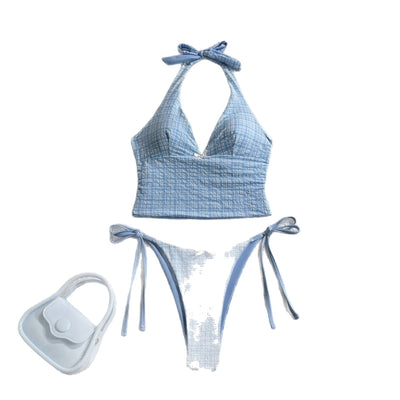 Light blue textured plaid two-piece swimsuit with a halter top and side-tie bikini bottoms, featuring small white bows. - Image 11