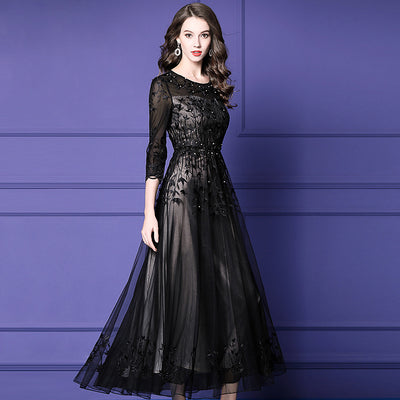 Vestido Largo de Encaje Bordado con Cuentas - Elegancia Temperamental - Image 3