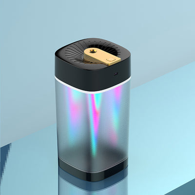 Modern cylindrical USB aroma humidifier with a metallic silver body, white top and base, and a gold mist outlet. - Image 6
