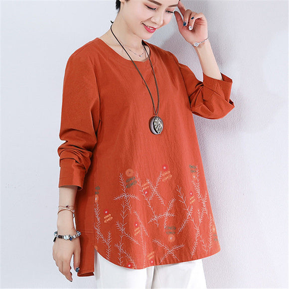 Camiseta Holgada de Algodón Estampada Talla Grande con Manga Larga