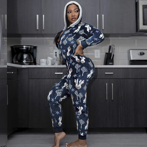Jumpsuit Navideño Estampado con Capucha para Mujer - Pijama Cómodo de Invierno