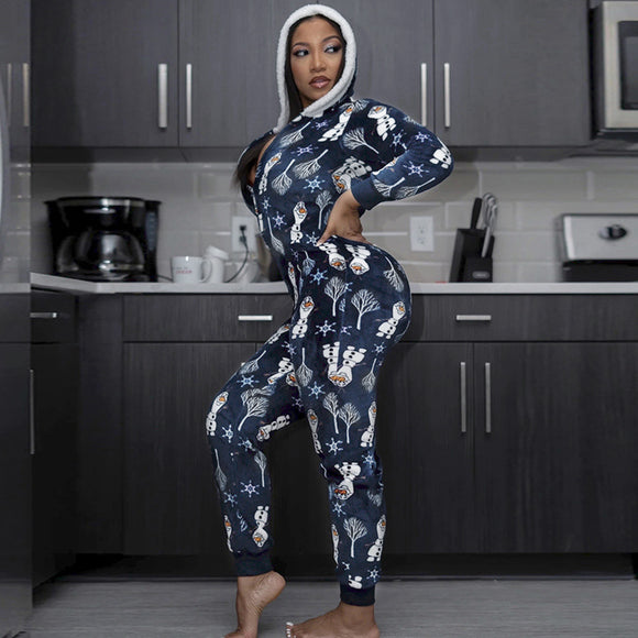 Jumpsuit Navideño Estampado con Capucha para Mujer - Pijama Cómodo de Invierno