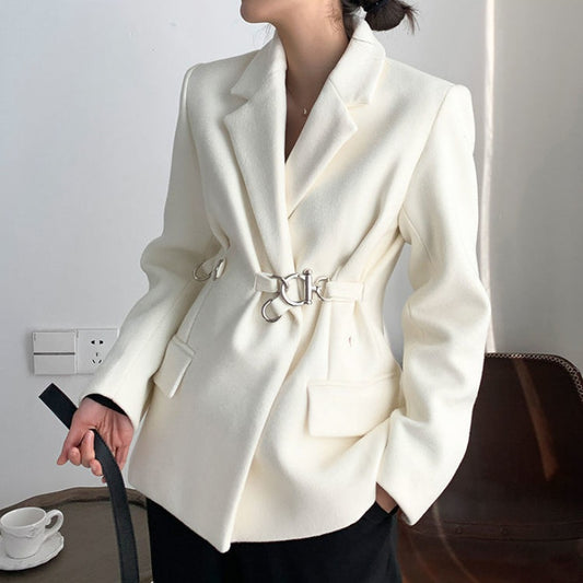 Blazer de Lana Blanco Mujer Corte Holgado Diseño Nicho Temperamento Sofisticado - Image 2