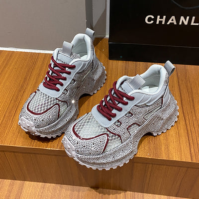 Zapatillas Deportivas Plataforma Gruesa para Mujer con Brillo y Cristales - Amarillo Claro - Image 3