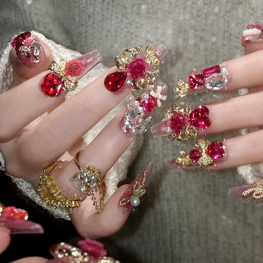 Uñas Postizas Adhesivas con Diseño Lazo Chino
