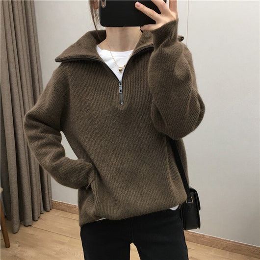 Suéter Pullover con Cuello Solapa Amplio y Cierre de Cremallera para Mujer - Image 18