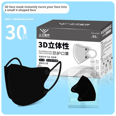 Black 3D stereoscopic protective face mask with ear hooks, individually packed, shown with a box of 30. - Image 8