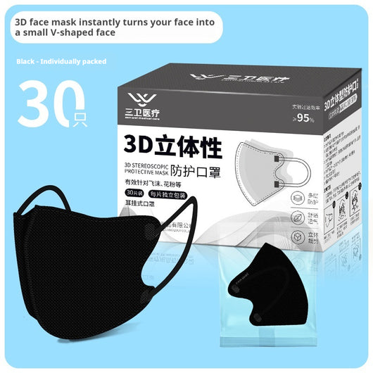 Black 3D stereoscopic protective face mask with ear hooks, individually packed, shown with a box of 30. - Image 8