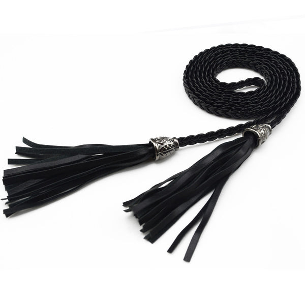 Cinturón Tejido para Mujer con Cadena de Borlas Decorativa
