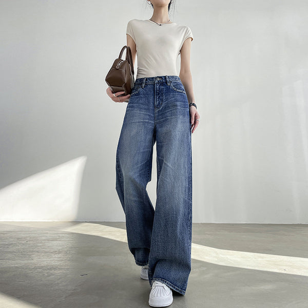 Jeans Azul Claro Cintura Alta Pierna Ancha Mujer Corte Recto