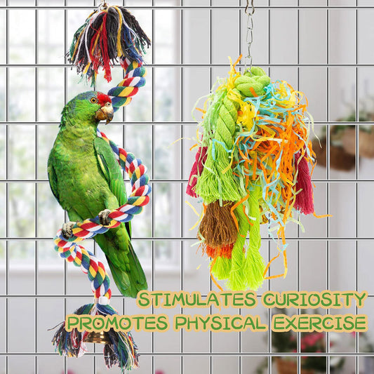 5-piece colorful parrot gnawing toy set with braided cotton ropes, wooden beads, shredded paper, and a bell.