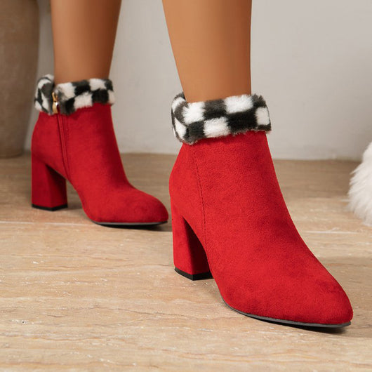 Botas Tobilleras de Ante Cuadro Escocés con Tacón Cuadrado - Comodidad y Estilo para Otoño e Invierno - Image 14