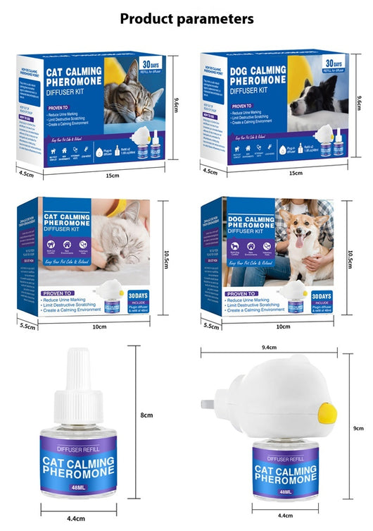 Cat Calming Pheromone Diffuser Kit with a white plug-in diffuser and a green refill bottle, next to its green and white box. - Image 9