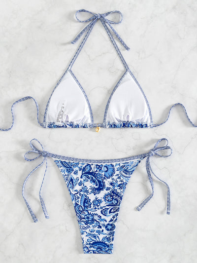 Red floral print triangle cup bikini set with matching bottom, featuring a small gold charm on the top. - Image 43