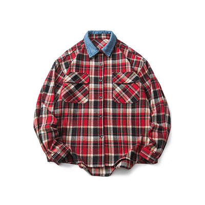Camisa Denim con Solapa a Cuadros Retro para Hombre