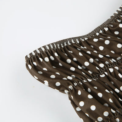 Dark brown polka dot halter bikini top with matching shirred high-waisted shorts for women. - Image 20