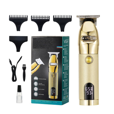 Gold metal hair clipper with LCD digital display, guide combs, USB cable, cleaning brush, and oil, in packaging. - Image 5