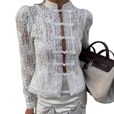 Blusa Jacquard Tejida con Cuello Mao y Mangas Abullonadas para Mujer - Blanco - Image 5