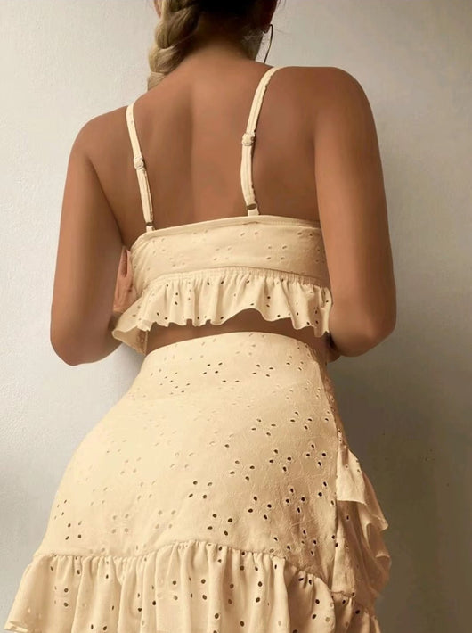 Light blue eyelet two-piece swimsuit set with a tie-front crop top and a matching ruffle-trim hip-hugging skirt. - Image 21