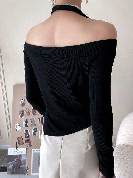 Blusa Otoñal de Manga Larga con Cuello Halter y Suéter Tejido en Hombros - Image 6