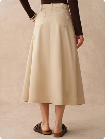 Falda Plisada de Algodón Tencel Caqui con Detalle de Herraje - Image 12