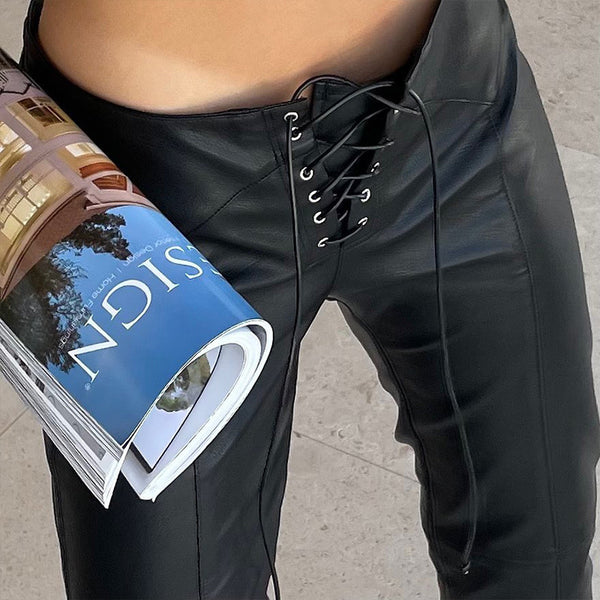 Pantalones de Cuero Casuales Cintura Baja Corte Recto