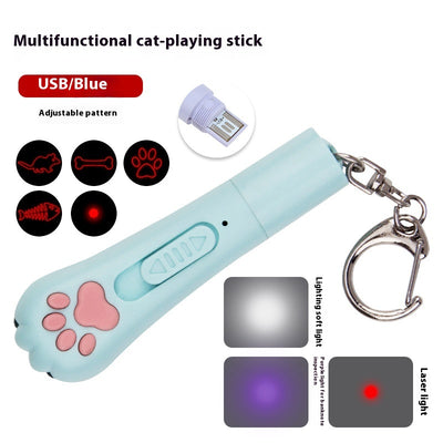 Light purple paw-shaped cat laser pointer toy with USB charging, featuring multiple red laser patterns, soft white light, and UV light. - Image 8