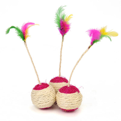Two sisal shuttlecock cat toys with colorful feathers, one with a red base and the other with a blue base. - Image 7