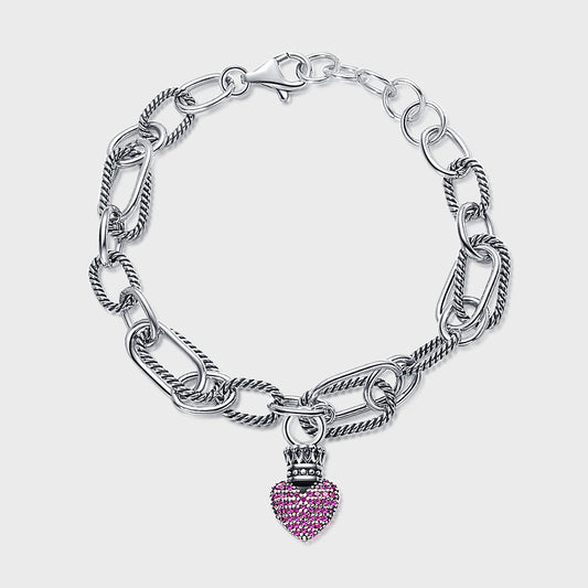 Pulsera de Plata Esterlina S925 Mujer con Dijes Vintage Corona y Corazón - Image 2