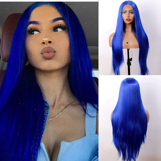 Peluca Frontal de Encaje Sintético Azul Liso Largo
